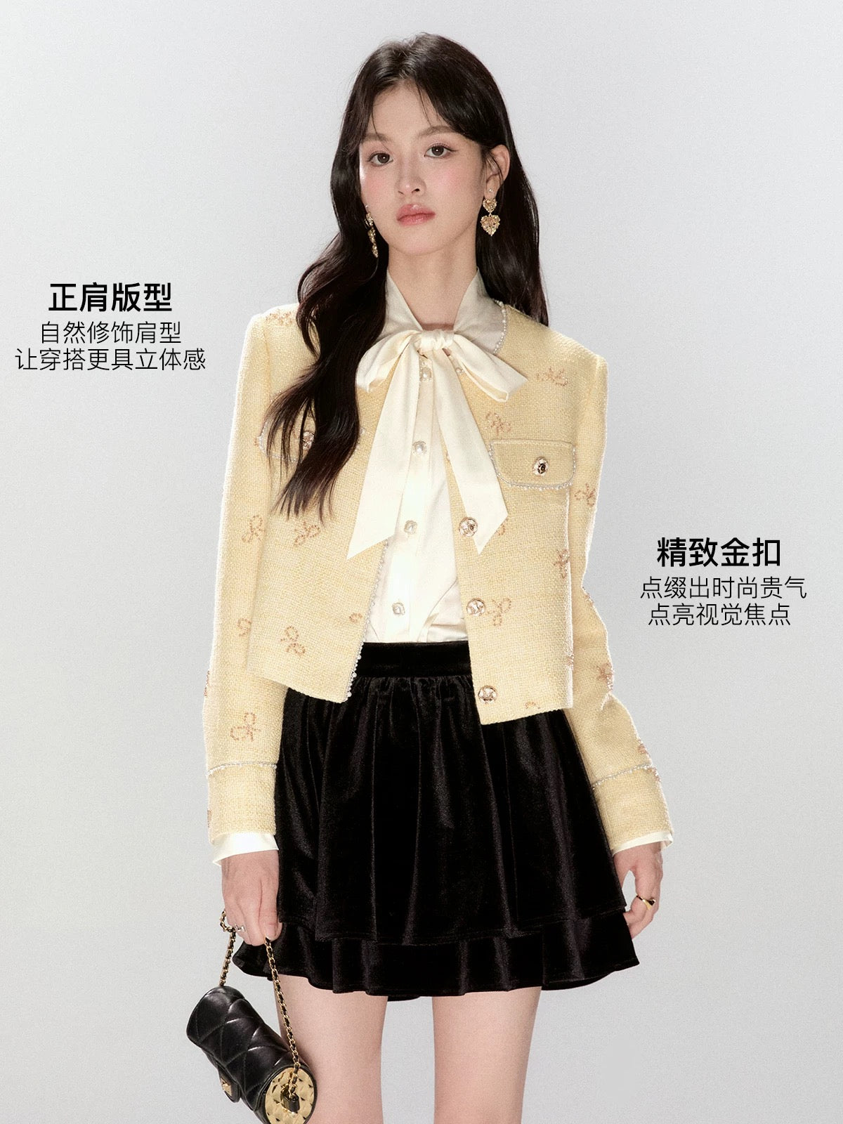 FanTu Heavy Industry Elegant-Style Jacket 2025 Autumn New Arrival Bow Embroidery Short Top for Women