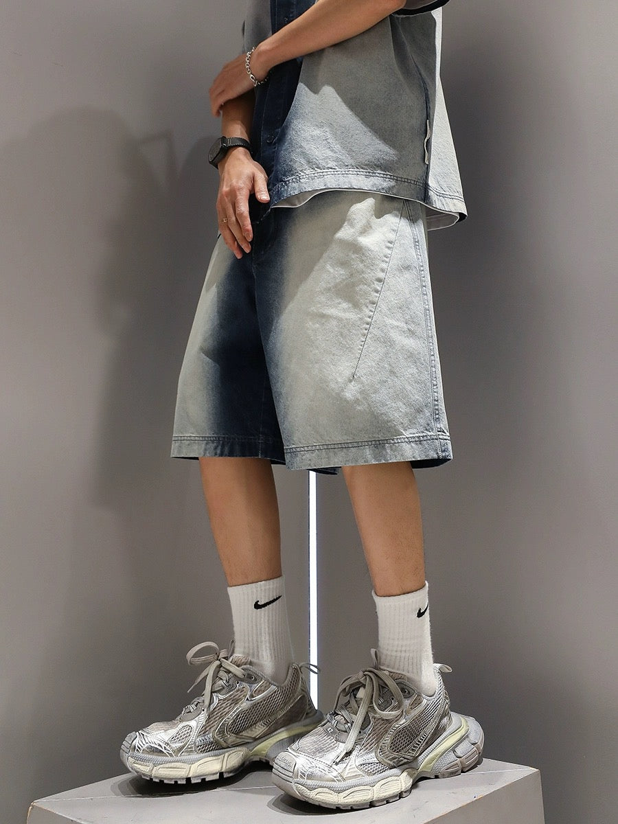 Youshu gradient heavy short-sleeved shirt shorts suit men's summer casual loose American fashion brand denim suit