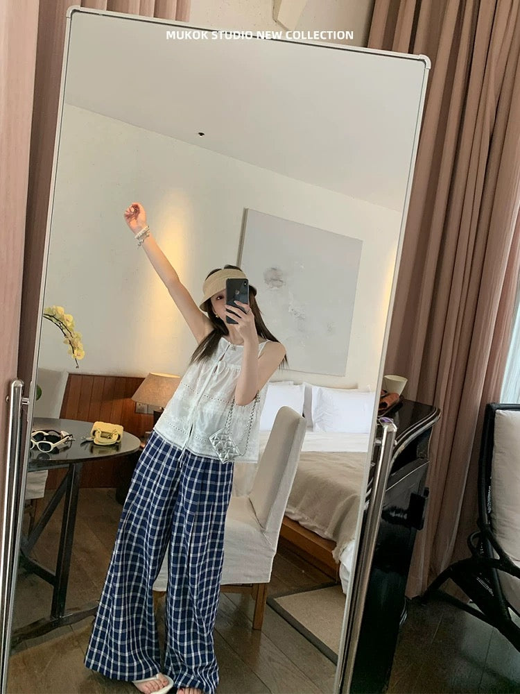 MUKOK Heavy Work Positioning Embroidery Custom Fabric Elegant Boat Neck Drawstring Top Sleeveless Hollow Short Shirt