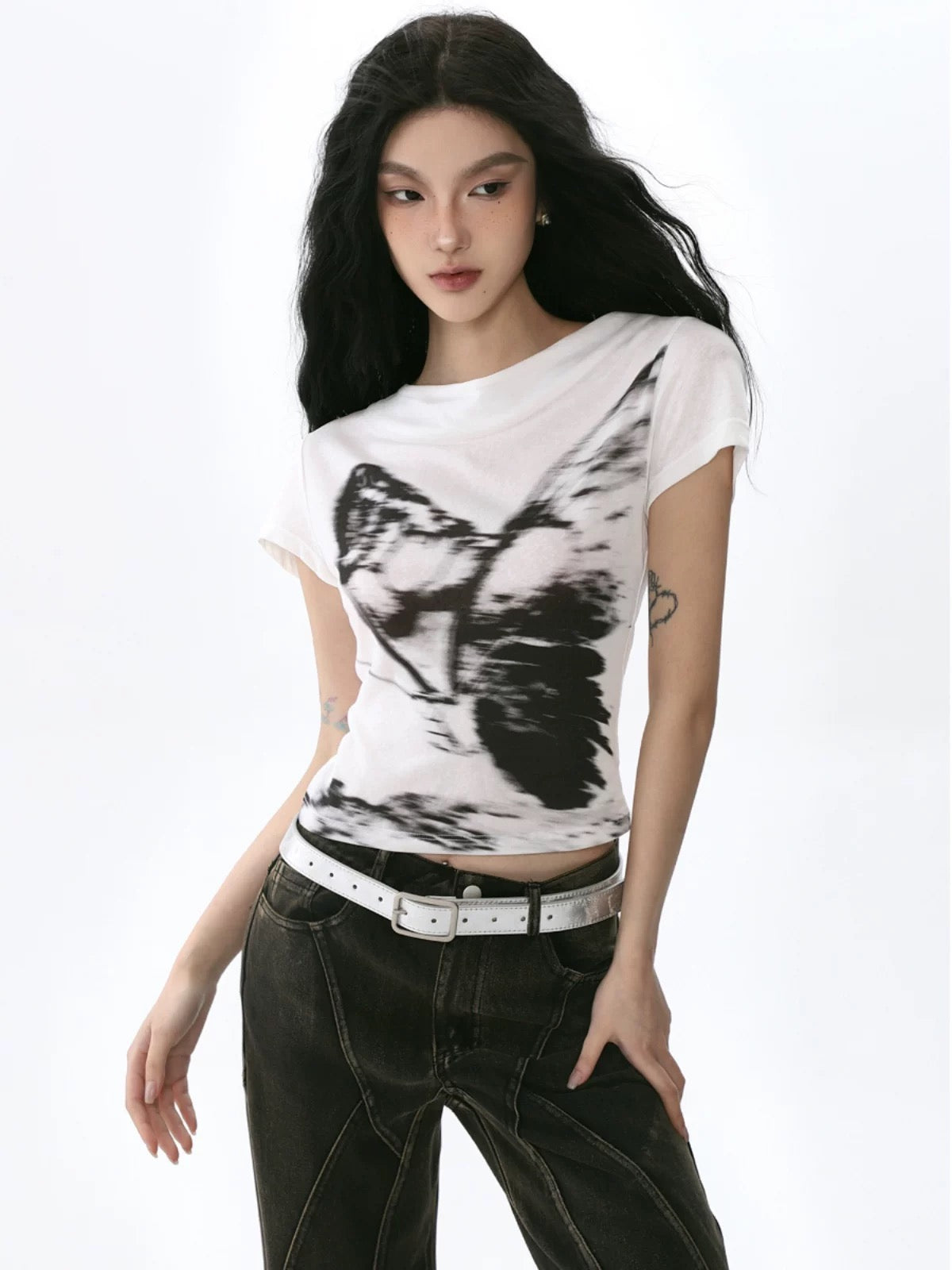 SHIYIYUE American butterfly print short-sleeved T-shirt retro hot girl niche swing collar right shoulder short slim top