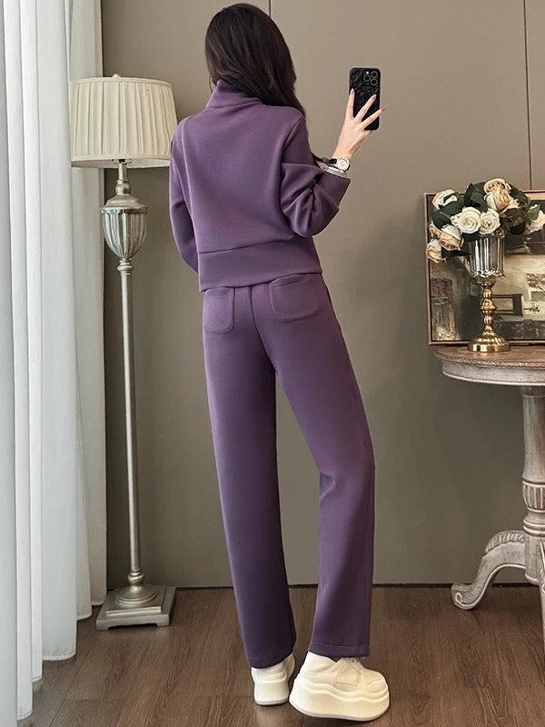 Small height-enhancing casual sports suit for women in autumn and winter, short purple jacket, top and wide-leg pants, two-piece suit