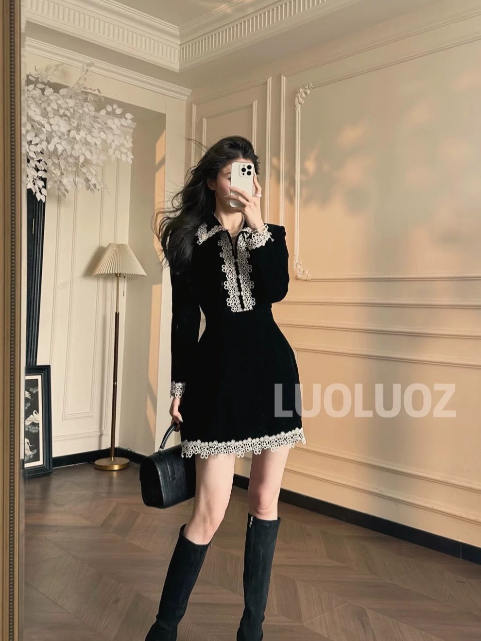 LUOLUOZ【Dreamcatcher】High-end Heavy-duty Elegant Slim Waist Collar Patchwork Short Fashion Lace Dress