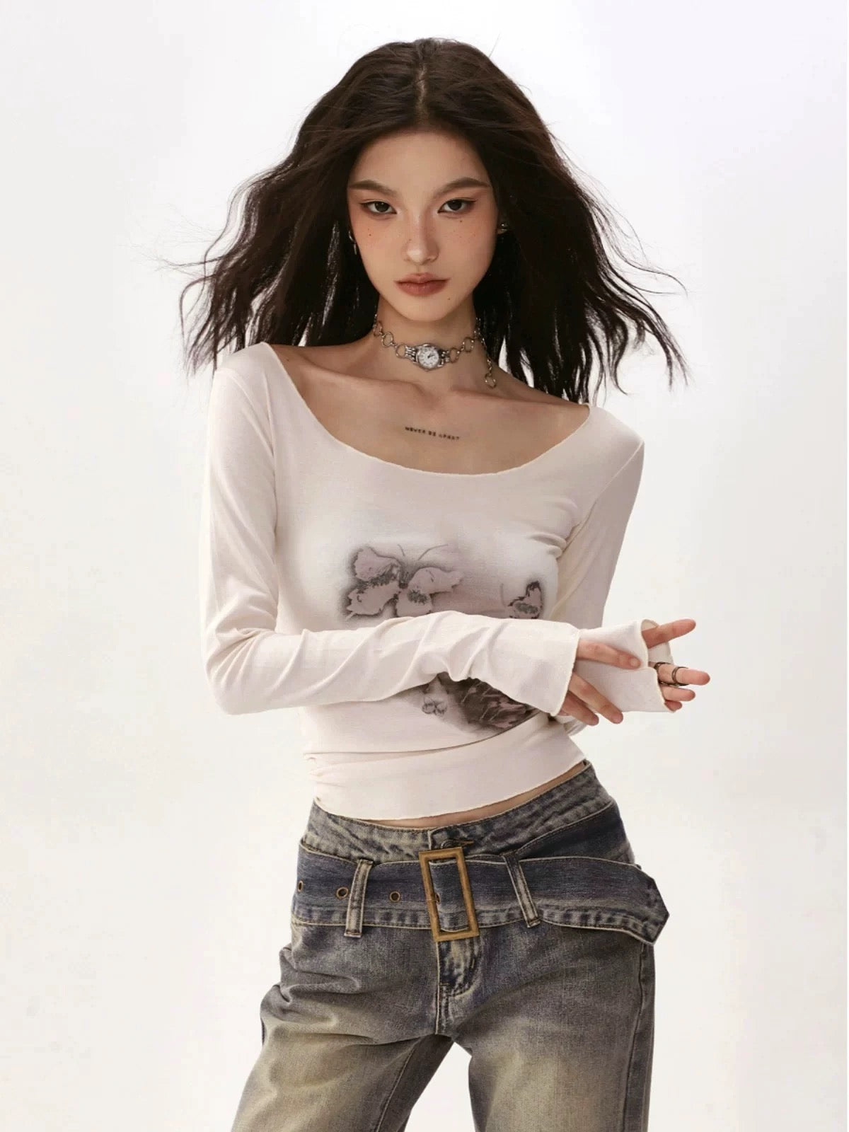 SHIYIYUE American retro butterfly tie-dye printed long-sleeved T-shirt for women in autumn and winter niche slim bottoming shirt top