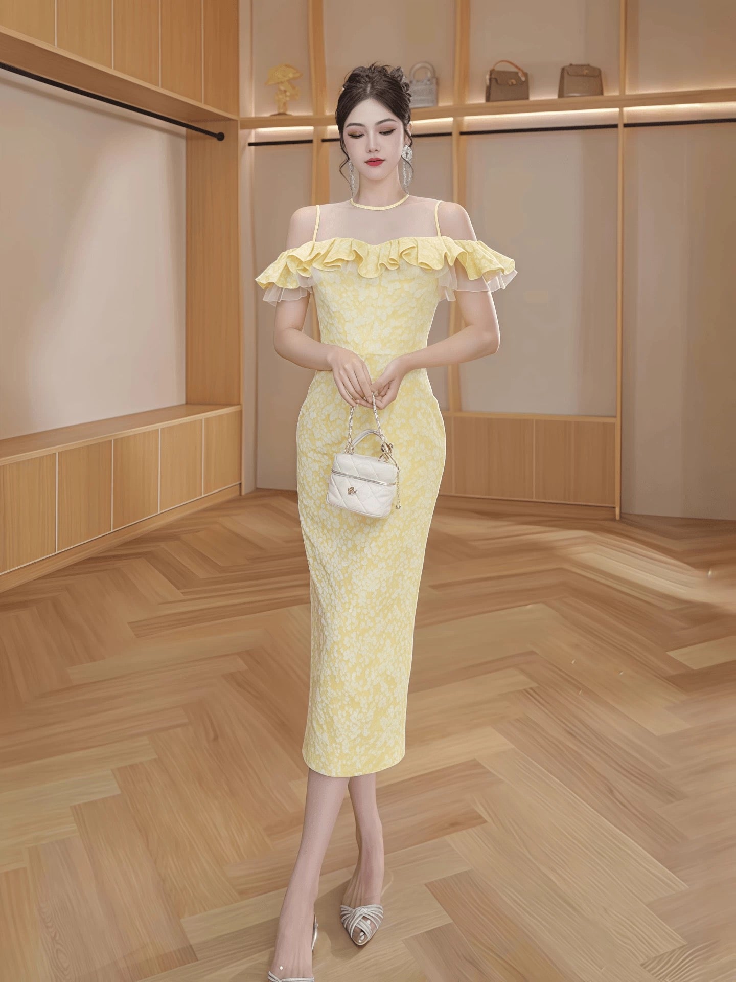 51406 This year's popular yellow ruffle dress female French summer beautiful off-shoulder long skirt