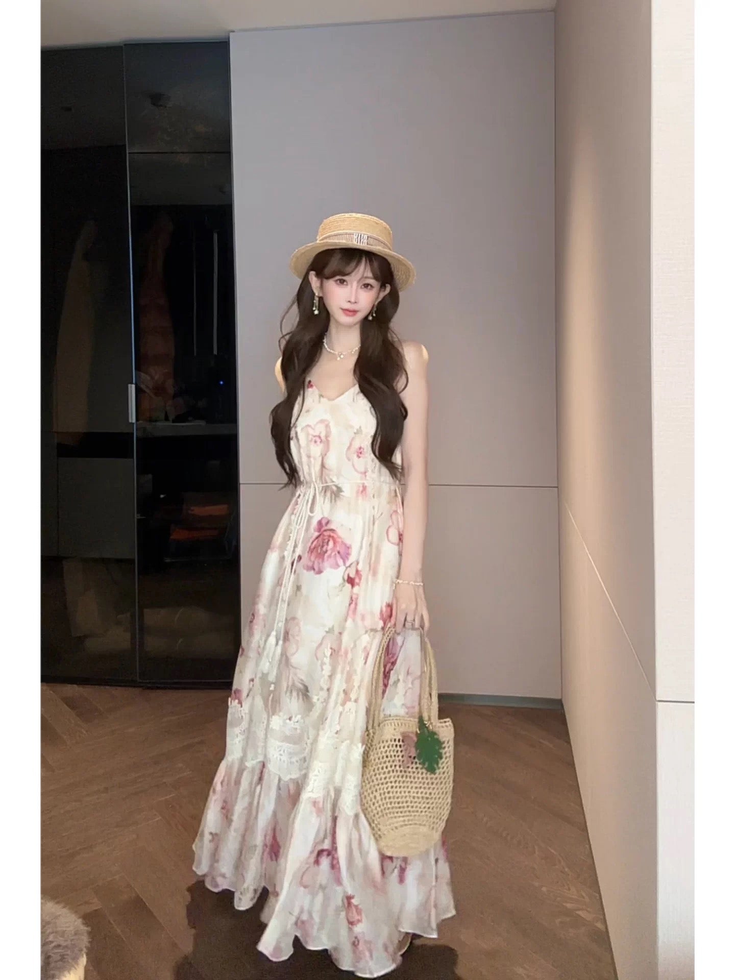 Deer Deer French Style Tencel Linen Floral Embroidery Lace Camisole Dress Women's Summer Slim Waist Long Skirt