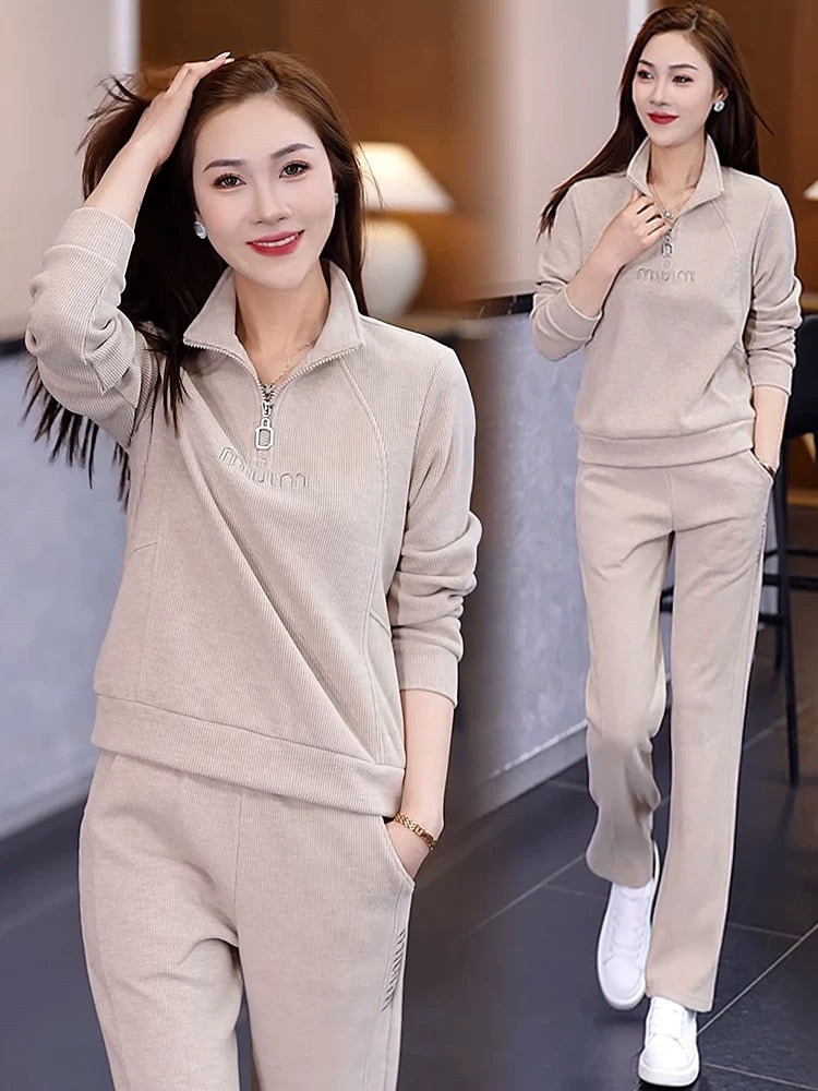 European casual sportswear suit for women 2024 spring and autumn new style foreign style age-reducing stand-up collar sweatshirt straight pants two-piece set