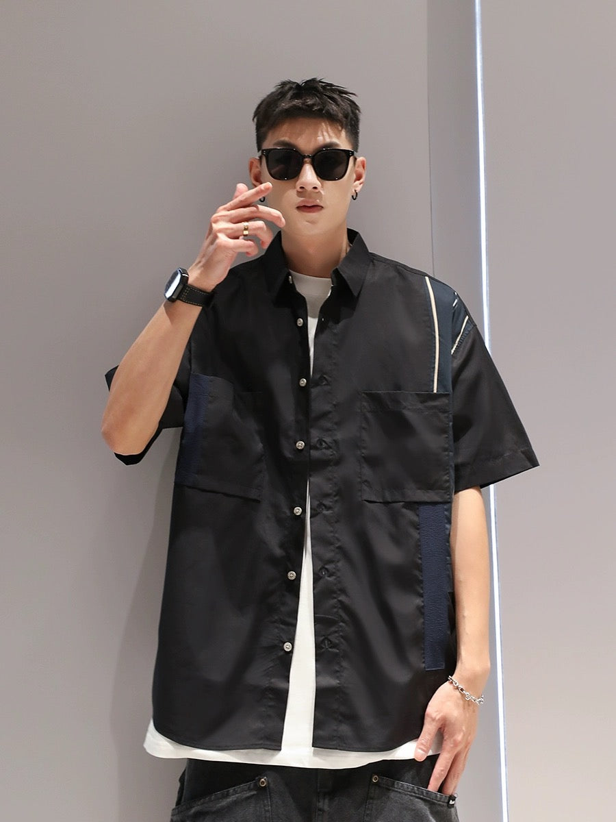 Youshu American solid color patchwork work shirt men's summer casual loose trend trend work shirt outer wear