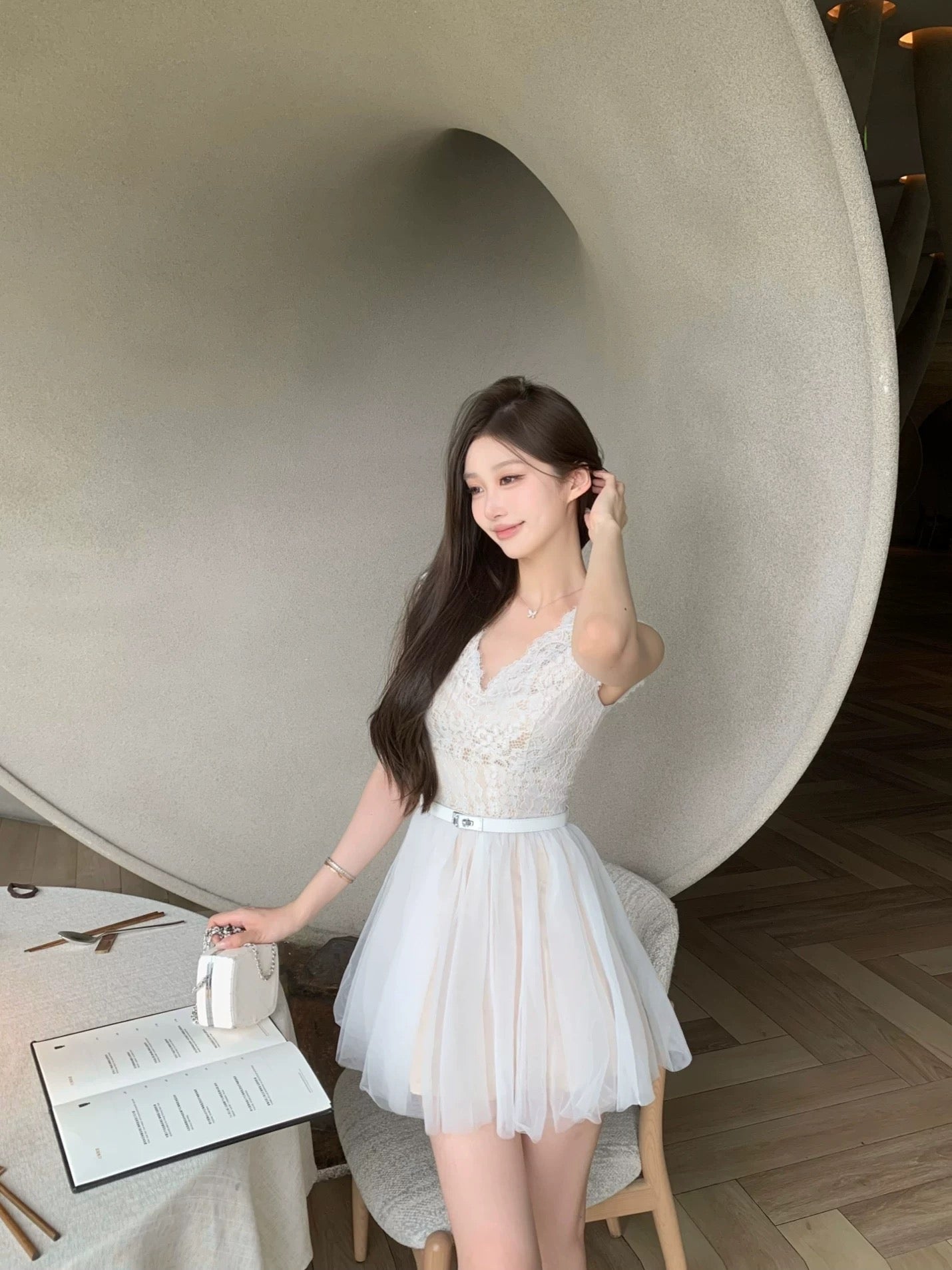 JUNSTUDIO 【Misty Gauze】Lace-trimmed Mesh Dress, V-neck, Belted Waist, Puffy Skirt, Ballet Mini Skirt