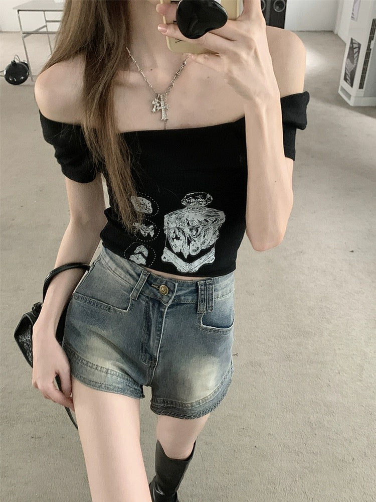 American Retro Hot Girl Pants Blue Washed Distressed Jeans Women's Summer High Waist Slim Hot Pants Super Shorts Trendy