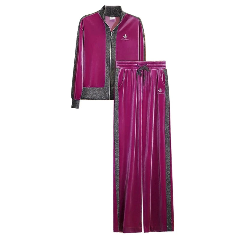 Spring new style gold velvet two-piece sports and casual stand-up collar cardigan jacket straight-leg pants suit for women