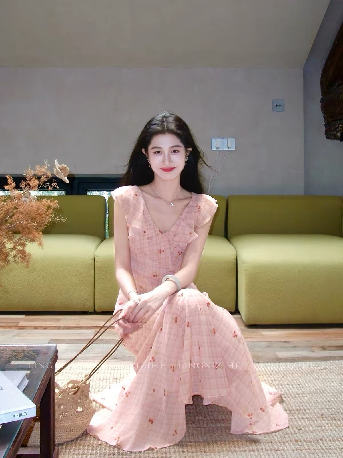 Ling Qian Zi He "Cloud Cherry Dew" – Women's French-style floral cherry print dress; a summer maxi dress featuring ruffles, a fitted waist, and a fishtail hem.