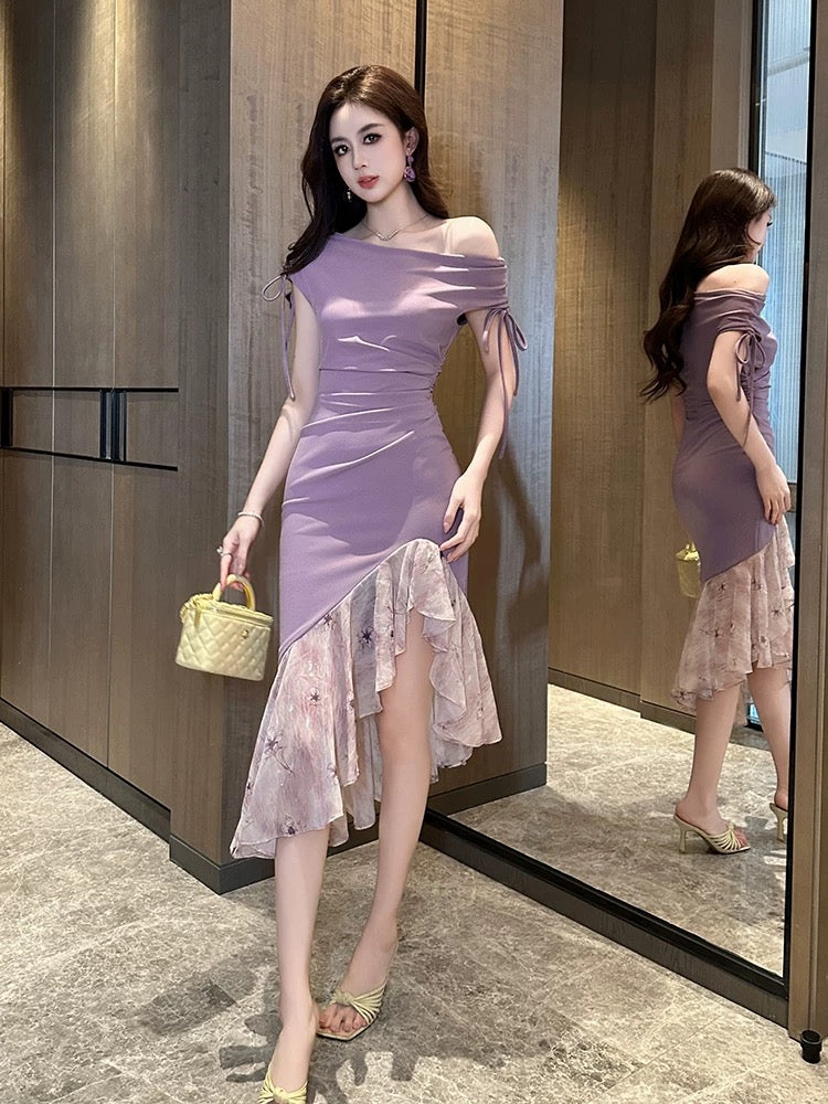 Purple one-shoulder dress for women 2025 new summer sexy irregular fishtail skirt niche design dress