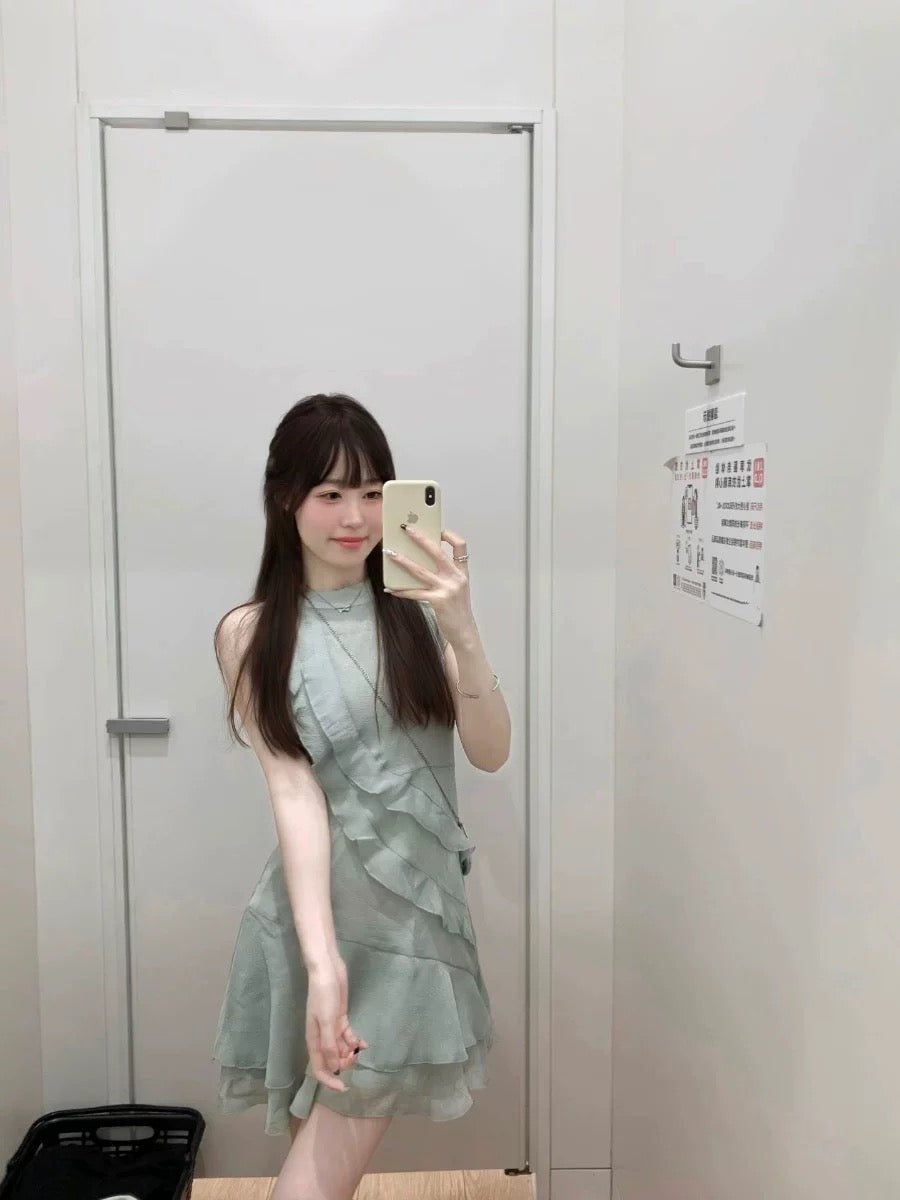 French Tea Break Pure Lust Atmosphere Dress Temperament Cut Shoulder Halter Neck Ruffled Beautiful Fishtail Skirt Short Women’s Summer