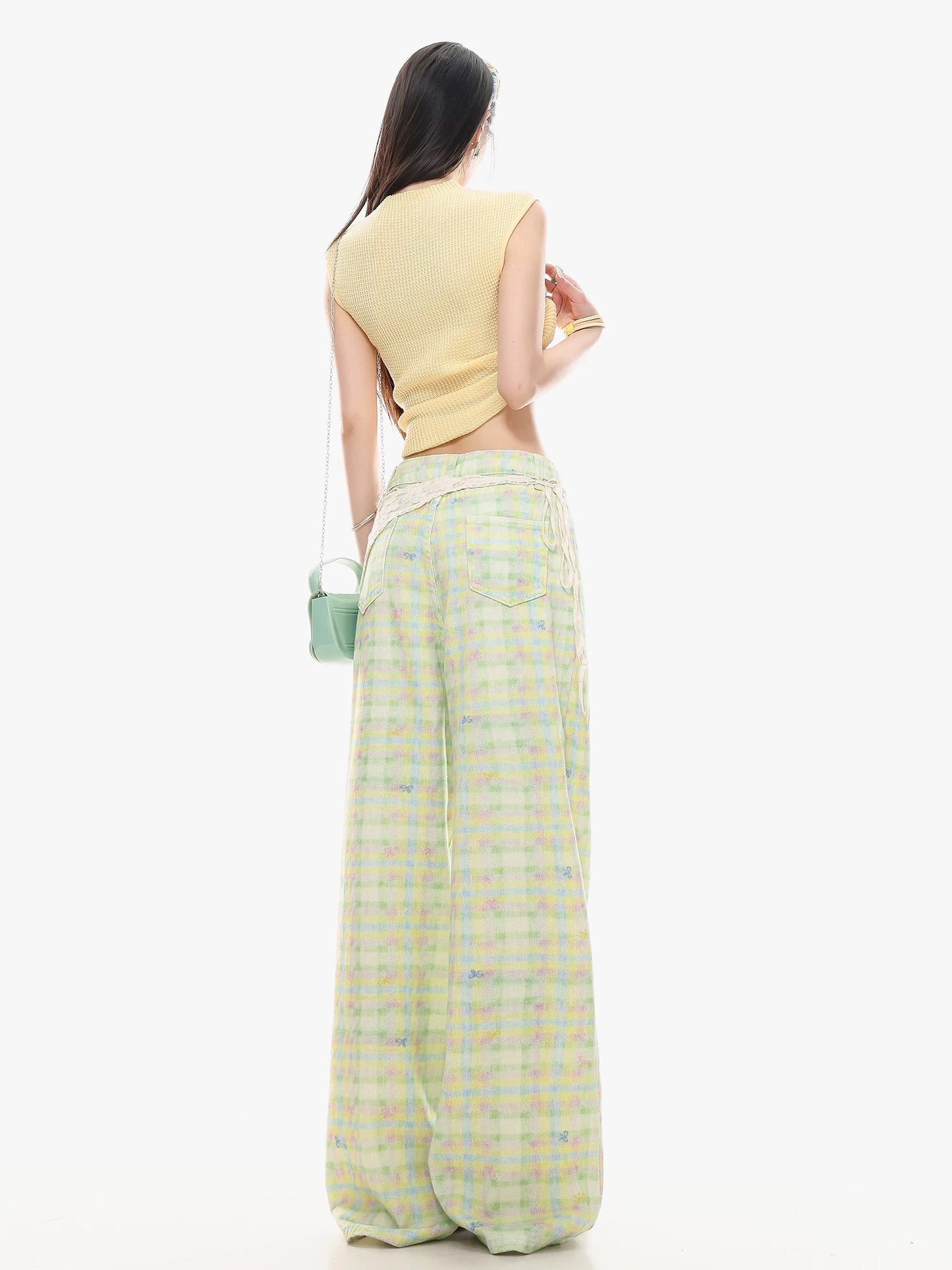 ABWLR Minty Fresh - Original Dopamine Green Plaid Straight Leg Pants for Women, Loose Fit, Slimming, Versatile Casual Pants