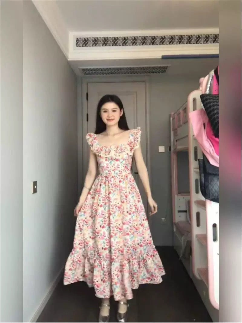 French Retro Oil Painting Floral Square Neck Dress Women's Slim Fit Seaside Vacation Casual Small Fly Sleeve Long Skirt