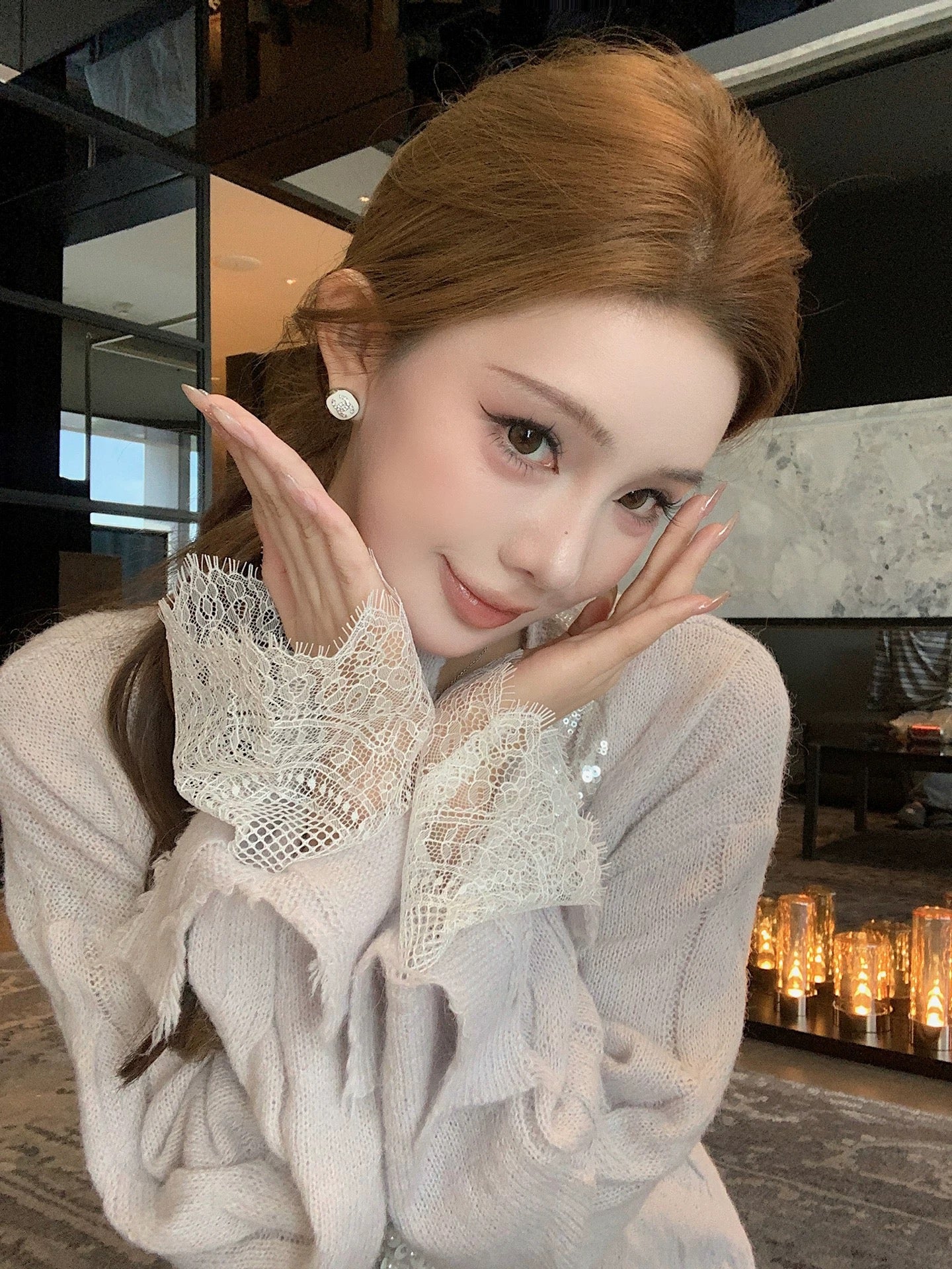 Qiu Rouyao To Alice Pearl Sequin Pullover Sweater Women's Loose Temperament Lace V-Neck Sweater