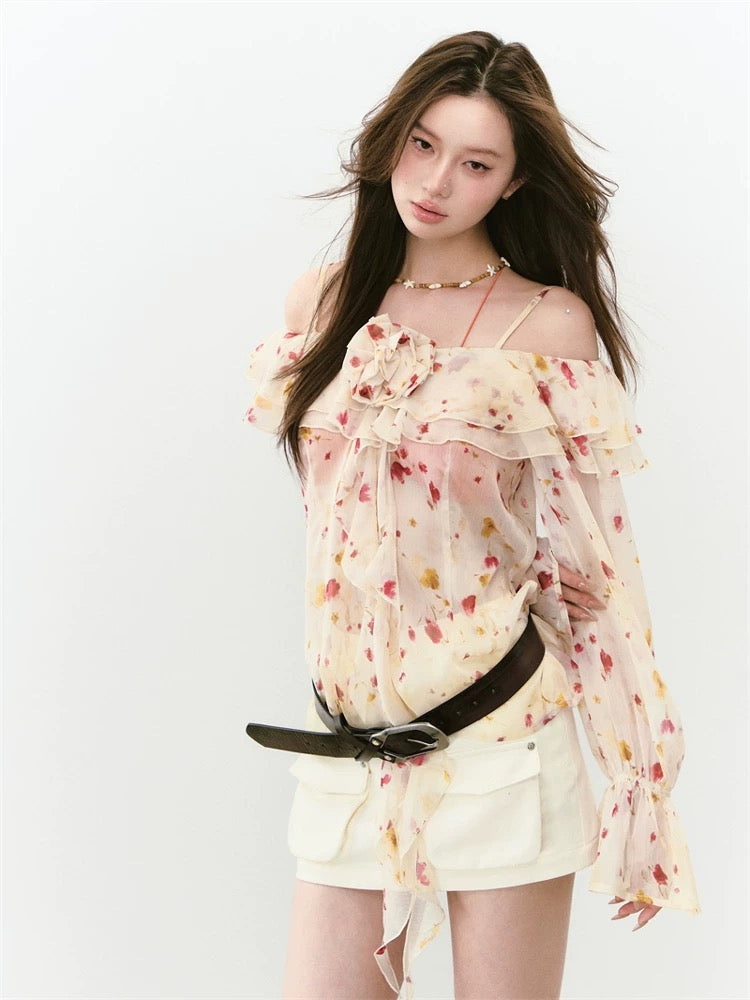 ViaPitti officially authorized elegant small flower one-shoulder top female design sense fashion sweet age-reducing shirt