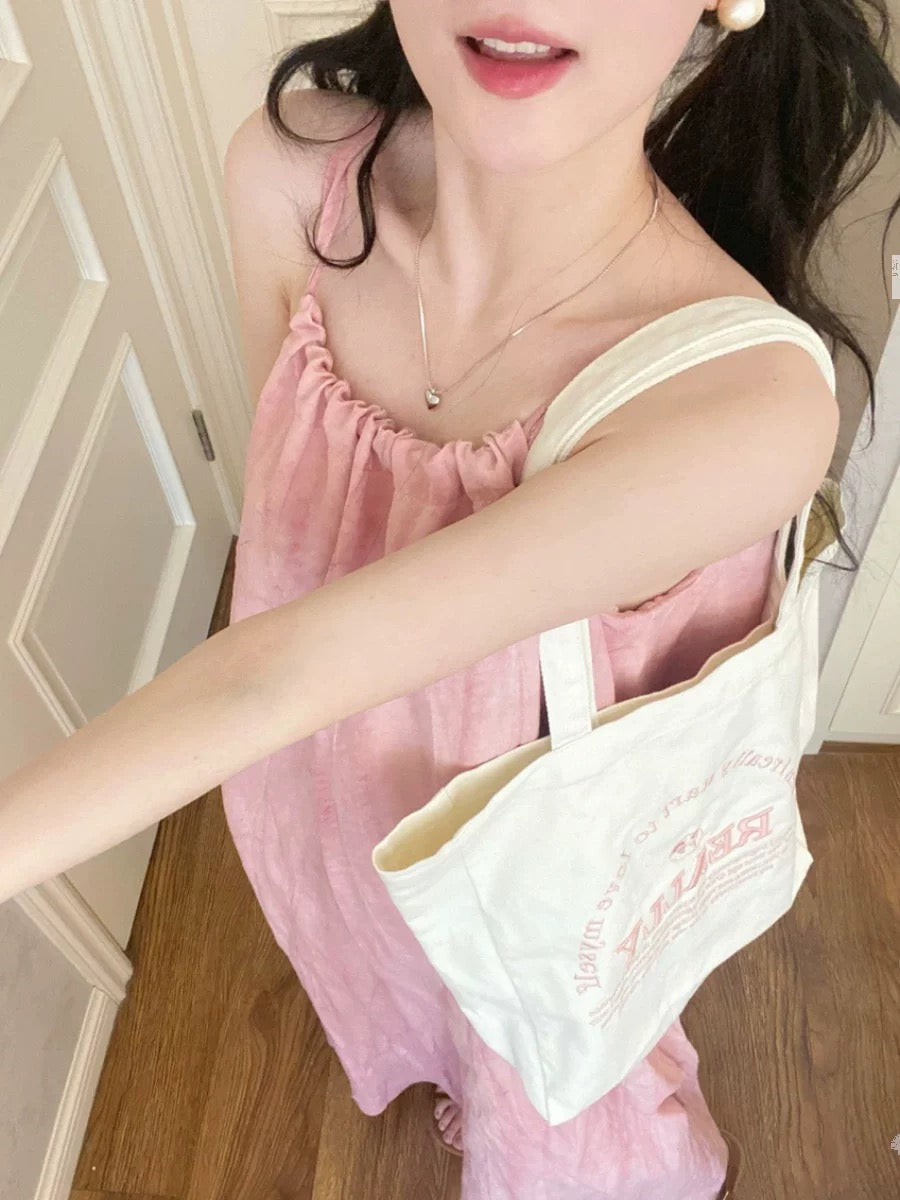 Summer pink halterneck suspender dress for women, loose, lazy, casual, slim, large swing skirt, sleeveless long skirt, holiday style