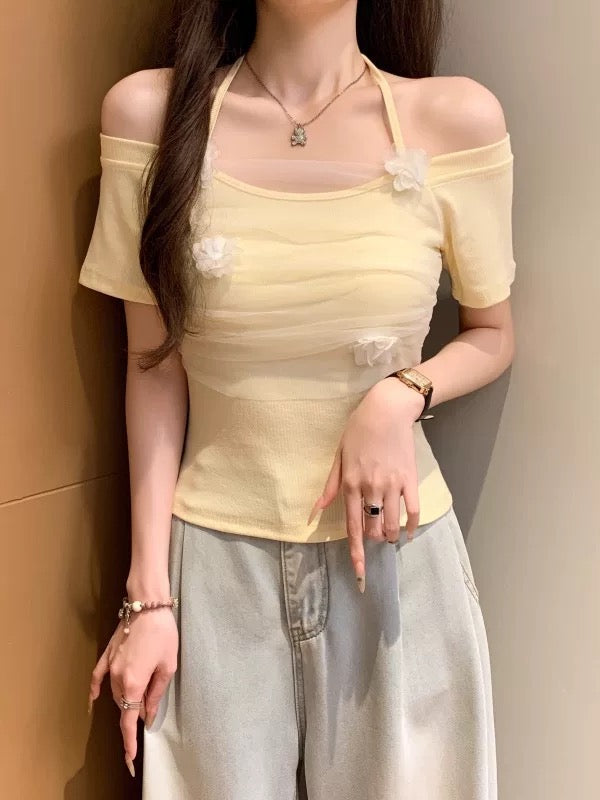 Pure desire sexy lace mesh splicing halter neck tie short-sleeved T-shirt female advanced three-dimensional flower slim shoulder top