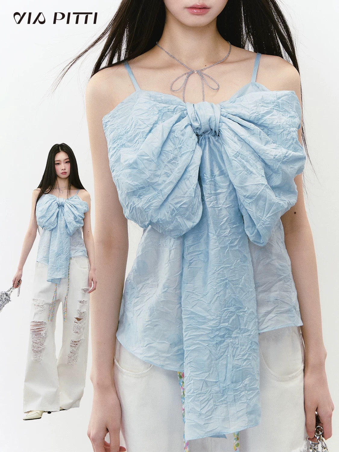 VIAPITTI heavy design big bow pleated thin camisole female summer new versatile top