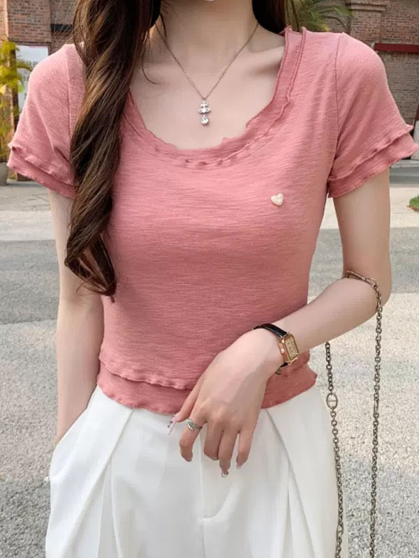 Design double-layer ruffled round neck short-sleeved fake two-piece women's summer new style age-reducing slimming short tops