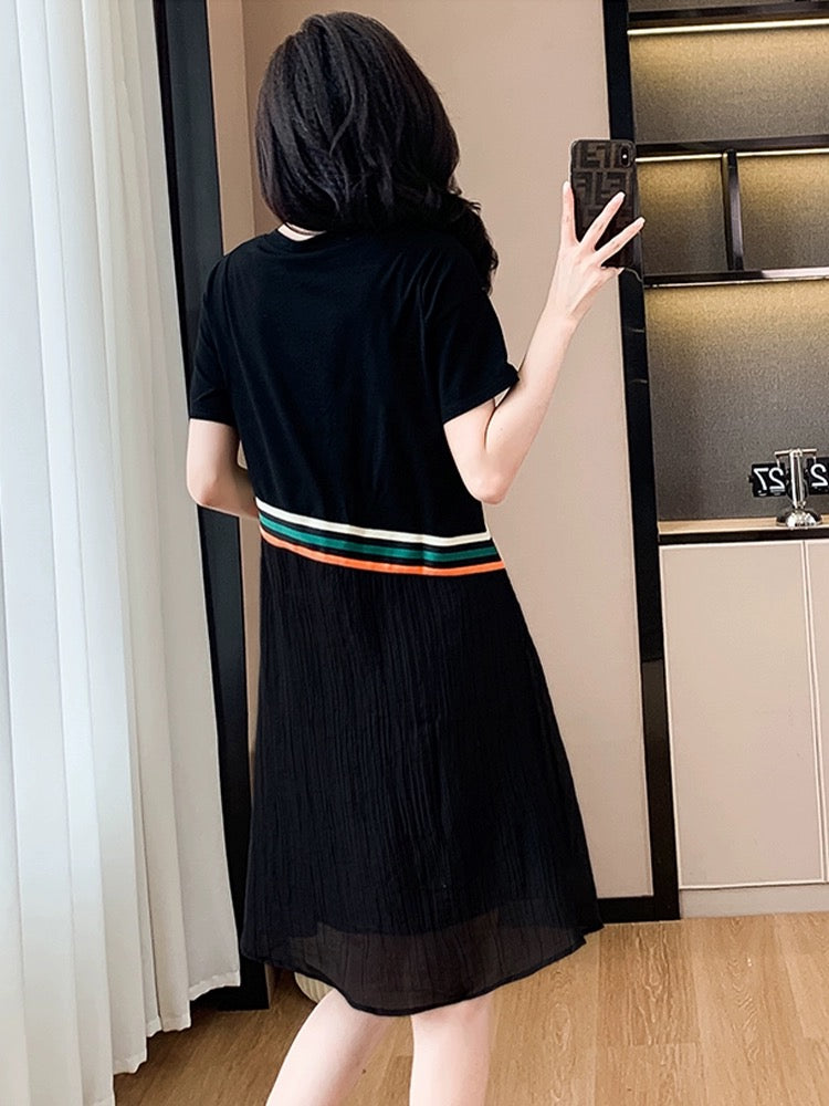 2024 new summer Korean style fashionable loose slim casual dress spliced with contrasting chiffon little black skirt