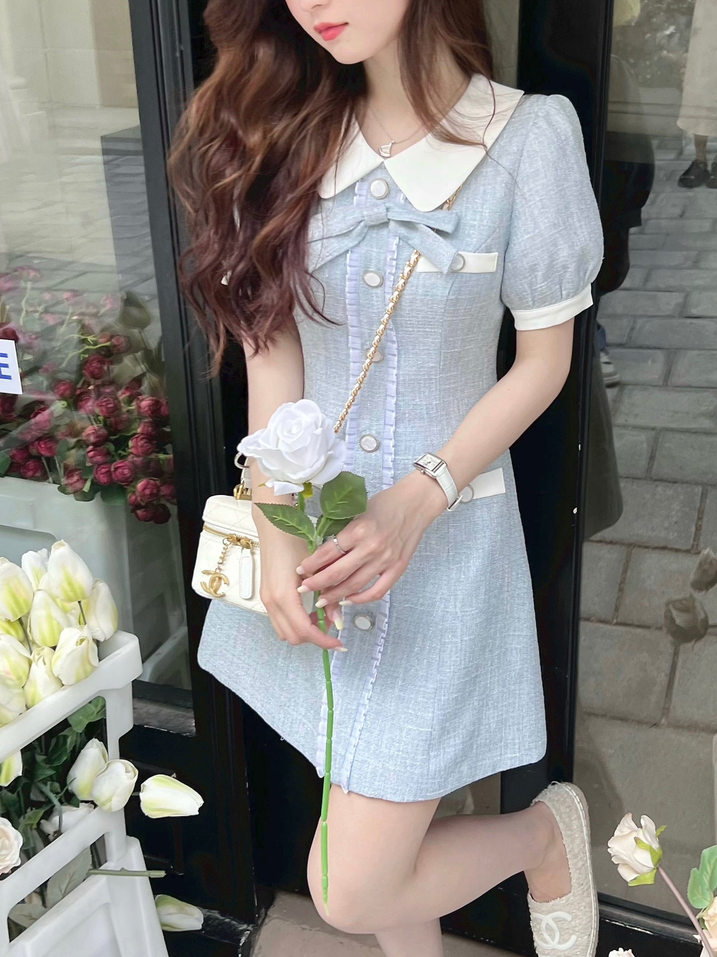 Q Girl's Sea Salt Cheese/Milk Blue Small Fragrance Dress for Small Women Summer High-end and Light Luxury 2024