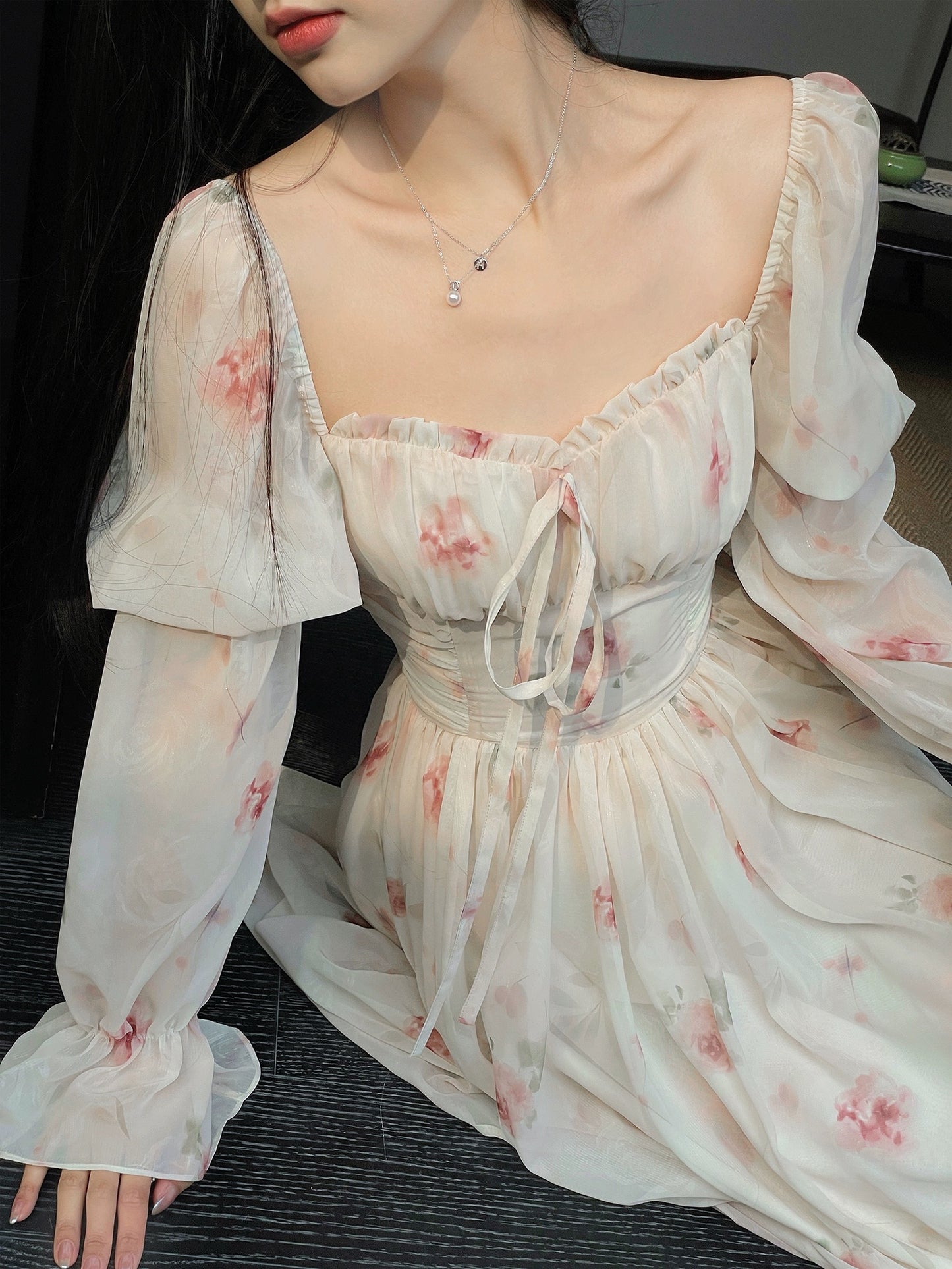 Dryross White Rose/Early Spring Chiffon Dress French Style Beautiful Puff Sleeve Long Sleeve Women's Floral Long Dress