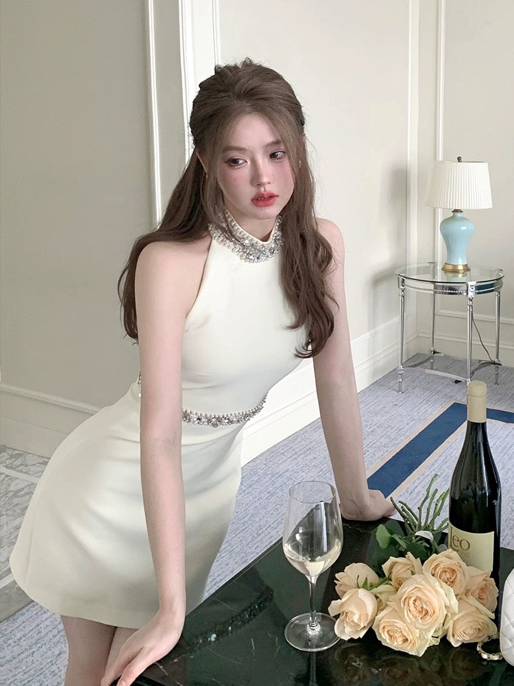 FanyFloss French halterneck sparkling diamond beaded waist dress light –  Lee Nhi Boutique