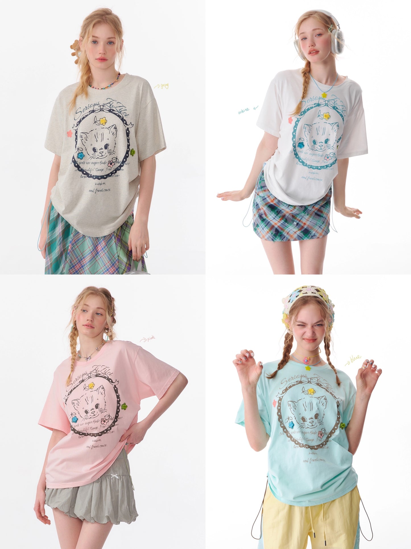 ziziFei summer American style large loose top design drawstring top round neck cat print short-sleeved T-shirt for women