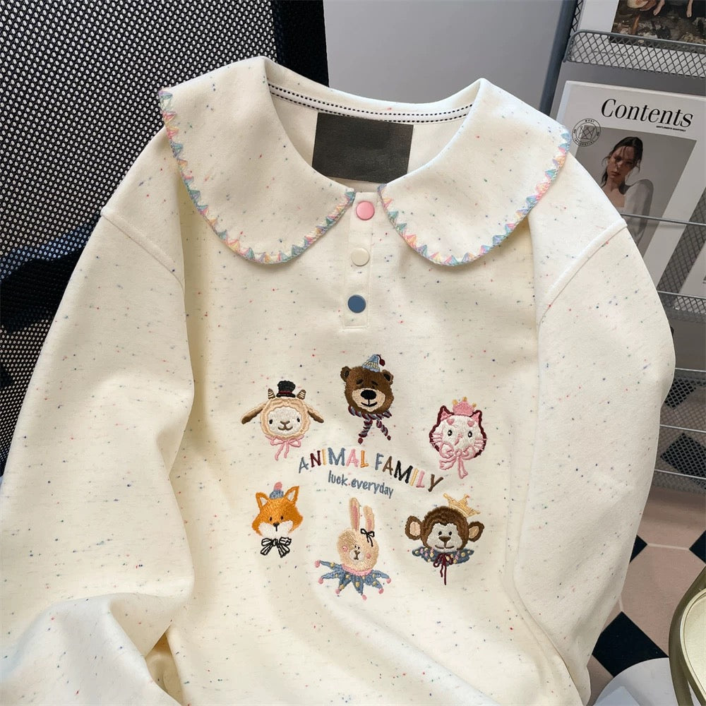 Artistic raw milk cute doll collar age-reducing cute sweater for women autumn sweet small size color dot cartoon embroidered top