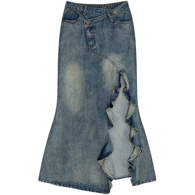 ziziFei summer American retro high-waist slim mid-length slit denim fishtail skirt for women (live broadcast