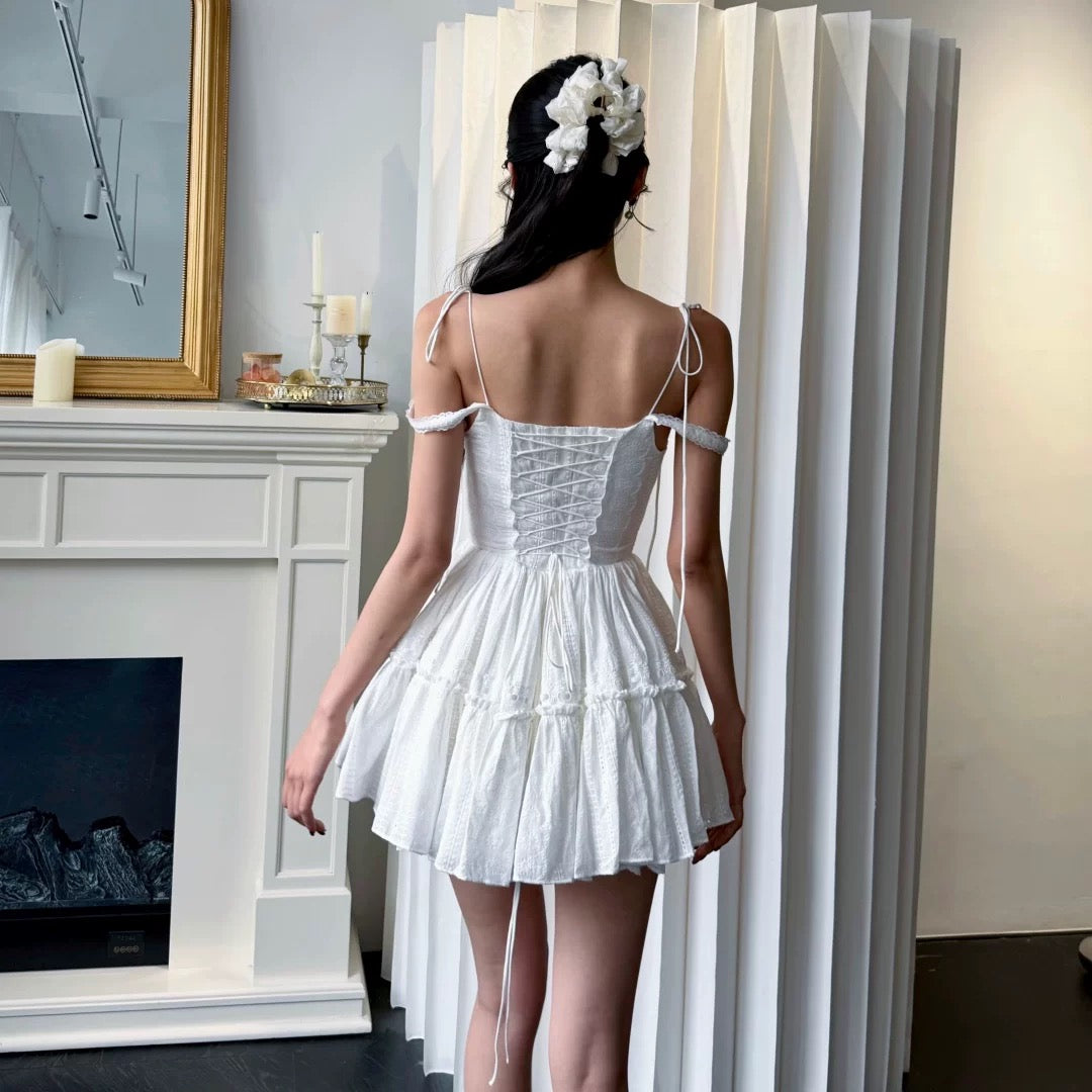 【JINGGUO Luxury】Niche French Lace Patchwork Tie Waist Slimming Sundress 7499