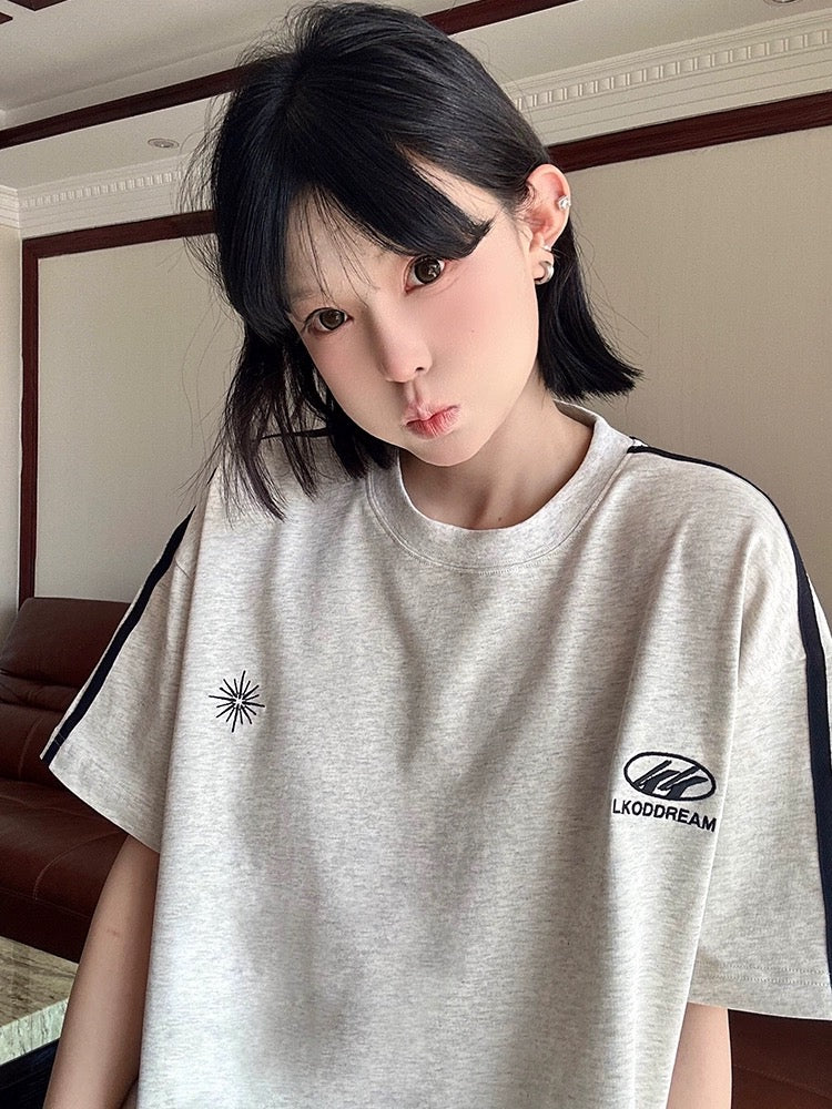 LK STORE LKOD2024 new summer LOGO splicing retro striped bottoming short-sleeved tee for men and women