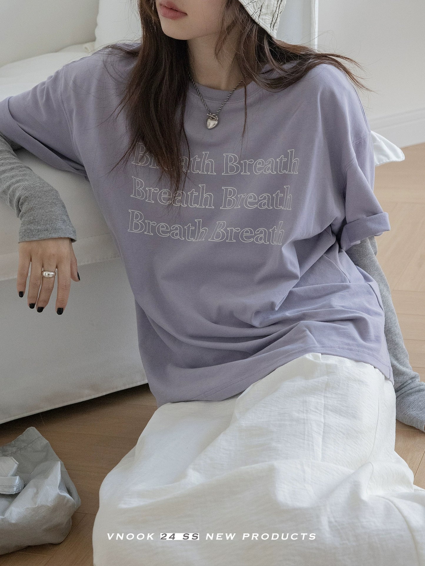 VNOOK letter round neck T-shirt for women 2024 spring new casual pure cotton loose off-shoulder brushed knitted top
