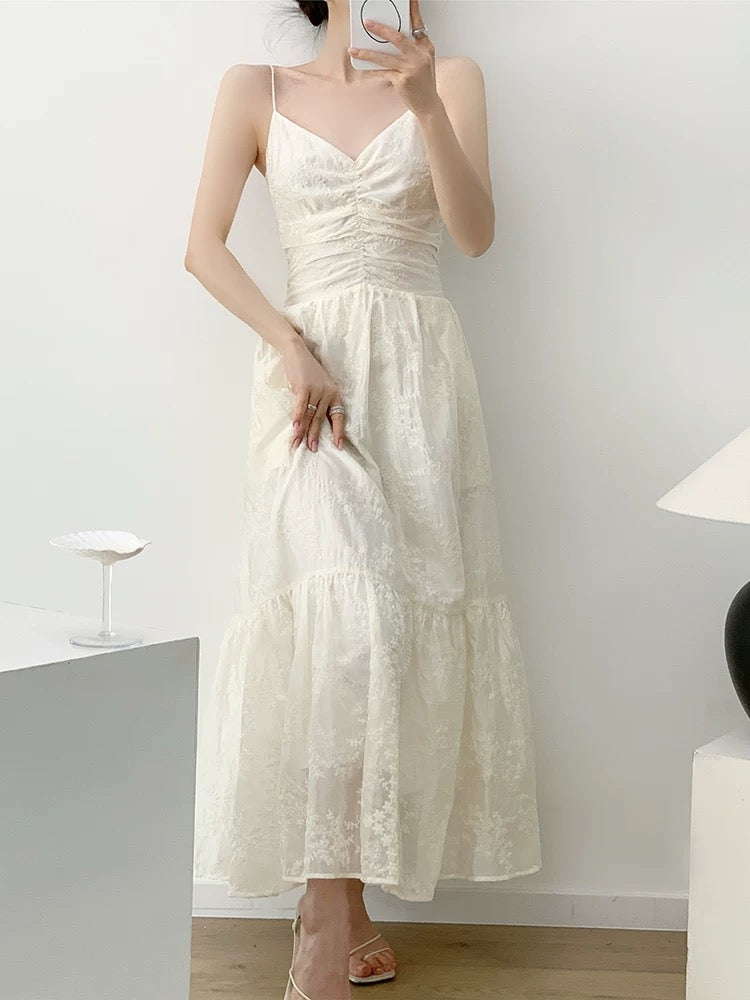 YAHI beige high-grade jacquard dress for women 2025 summer new slim A-line suspender dress long skirt