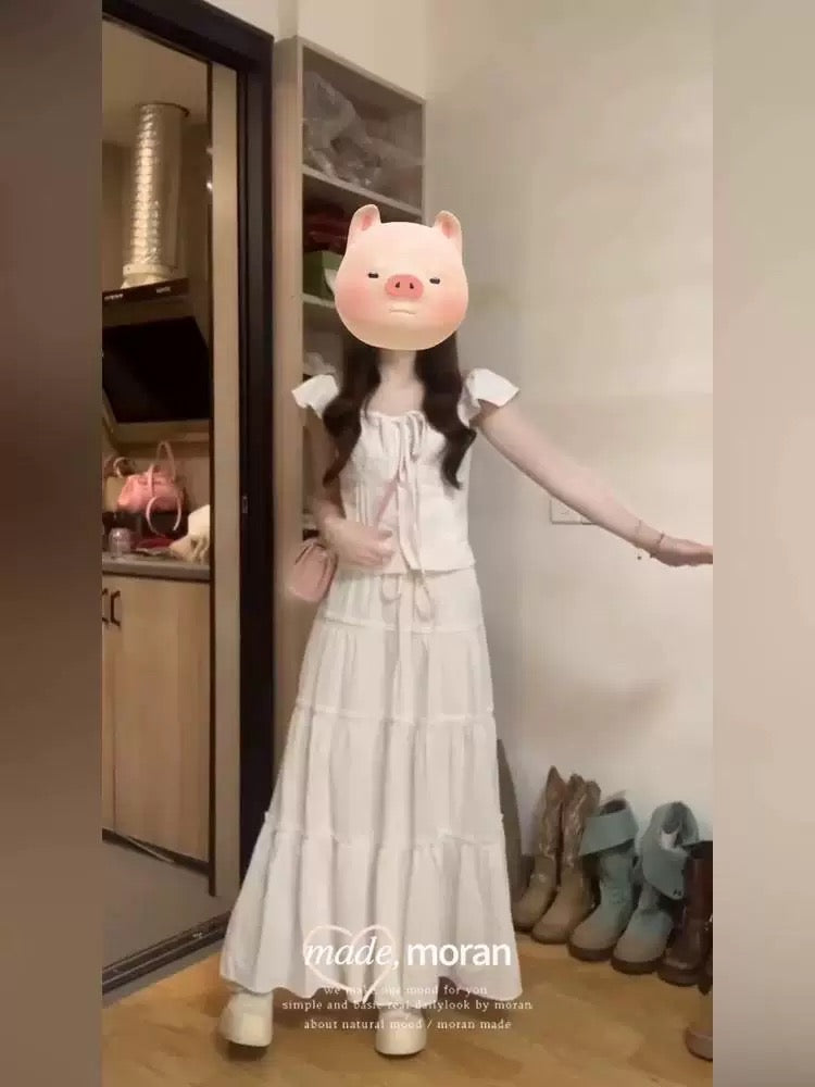 A complete set of summer clothes for girls with a sense of first love, sweet little flying sleeves tops and skirts, two-piece suits for small people