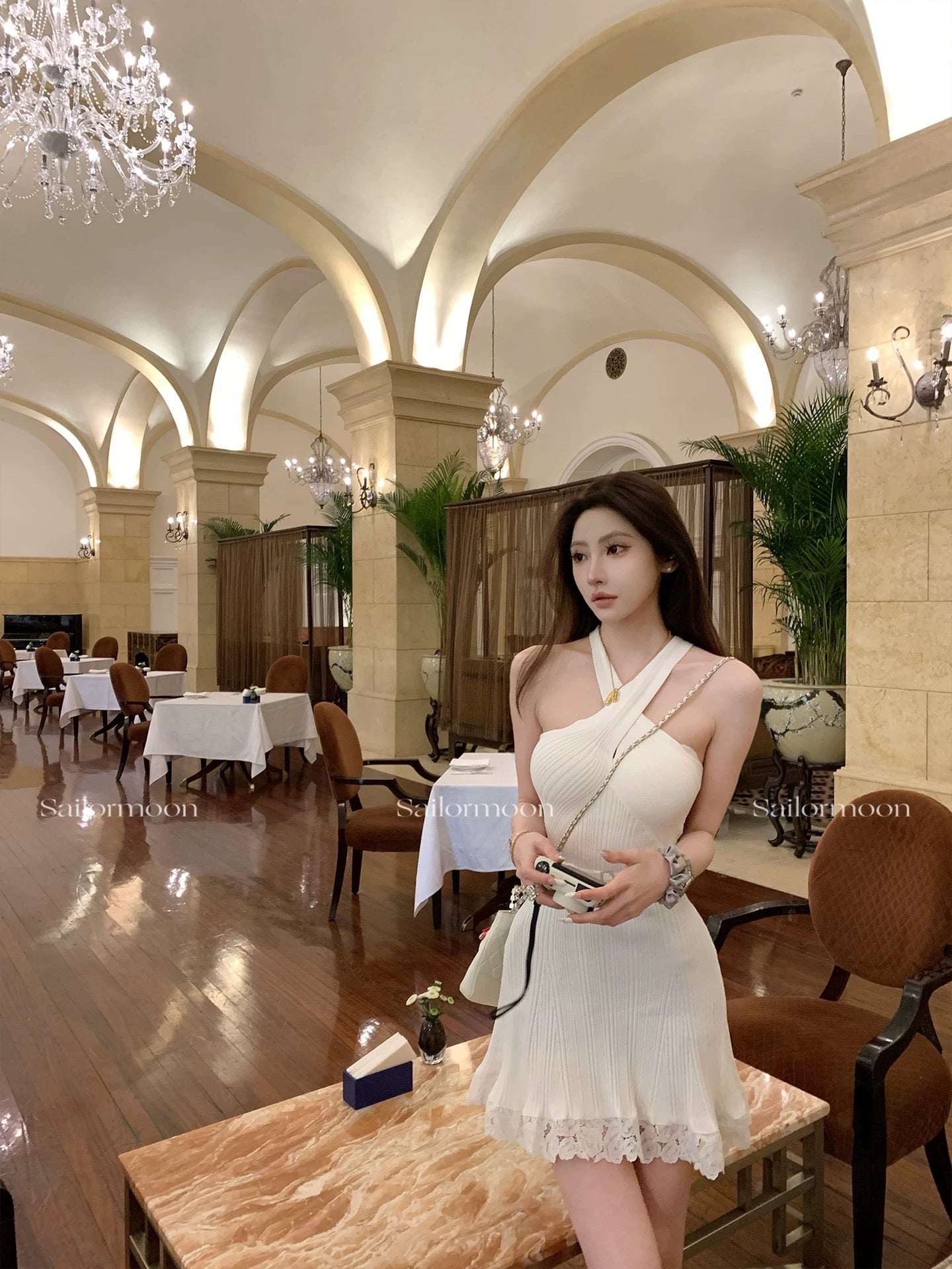F PROJECT Ancient Little White Flower Pure Sleeveless Cross Halter Neck Belt Knitted Dress Temperament Slim