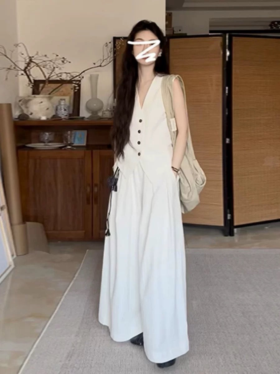 Cold salt style two-piece suit, unique and chic vest, wide-leg pants, a complete set of fashionable temperament for summer