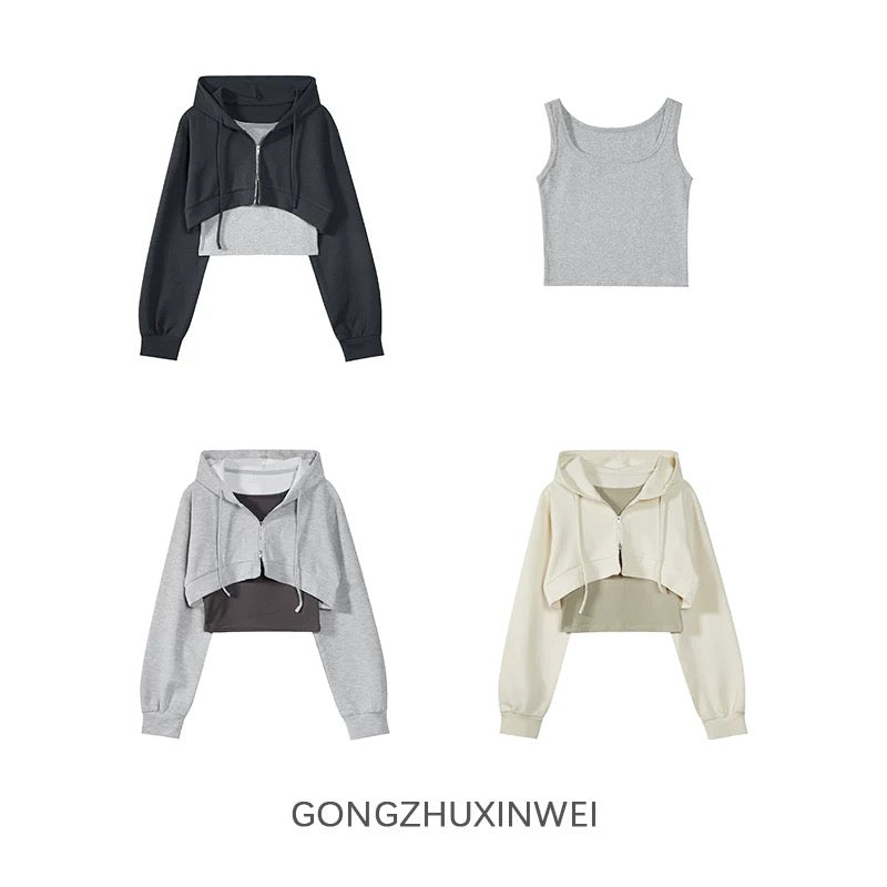 American-style hooded sweatshirt cardigan for women, high-waisted short top, slimming, two-piece set with inner vest.