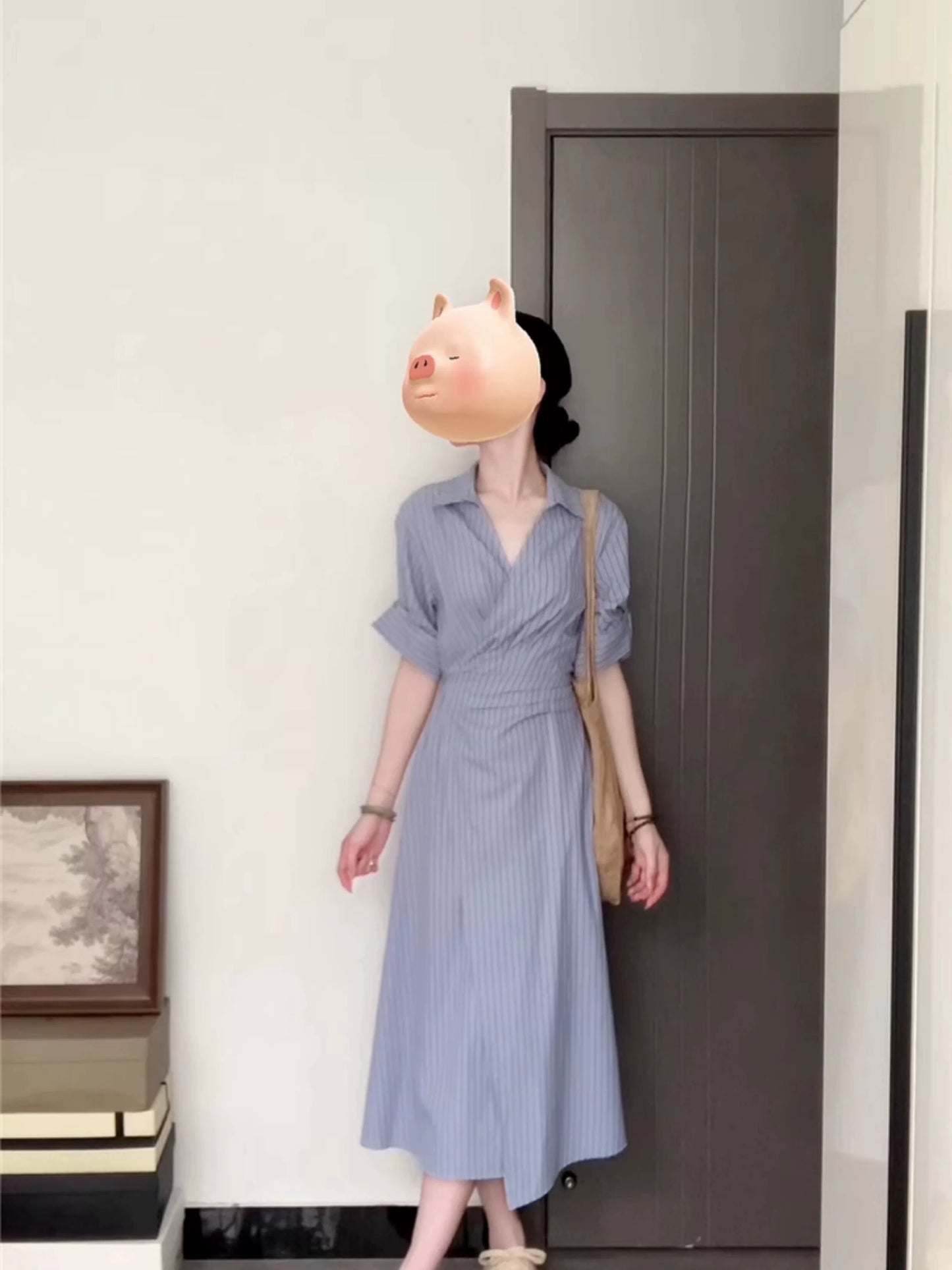 Korean style elegant blue striped shirt dress women's summer design niche advanced waist slimming long skirt