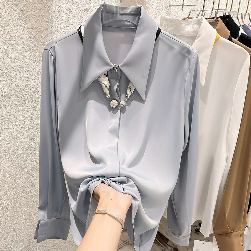 2022 new Korean temperament slim solid color lapel with silk scarf long-sleeved chiffon shirt female autumn thin top