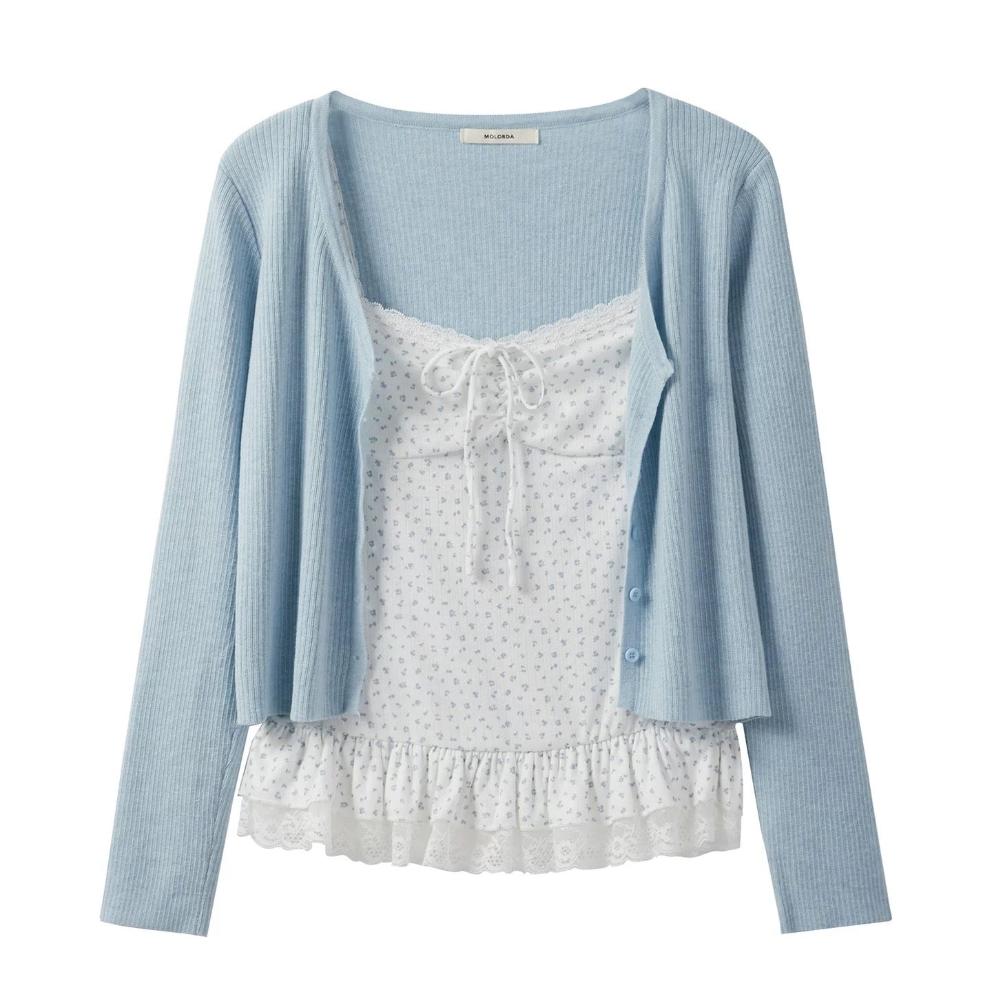 Women's Autumn New Style Long-Sleeved Knitted Cardigan with Bow Tie and Lace Floral Print Camisole Two-Piece Set
