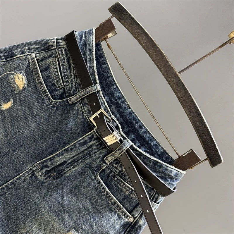 2025 summer new high waist denim shorts women retro hot girl slim all-match raw edge a-line wide leg hot pants