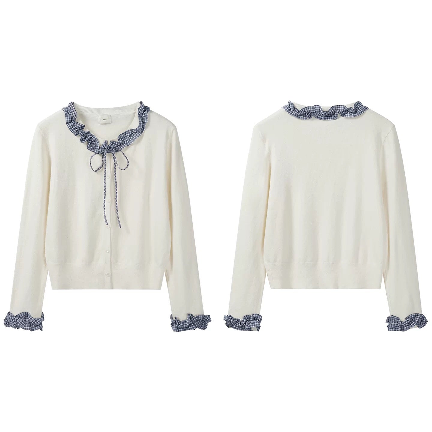 Women's Autumn New Arrival Sweet Casual Versatile Top with Plaid Lace Trim and Tie