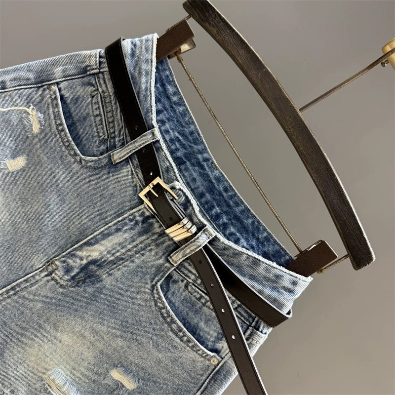 Retro light blue ripped raw edge denim shorts for women 2025 summer high waist hot girl slim all-match wide leg hot pants