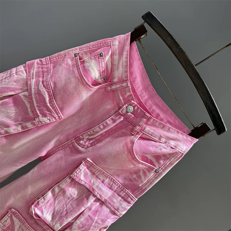 American high street multi-pocket workwear denim six-point pants for women trendy hot girls high waist loose wide-leg pants straight pants