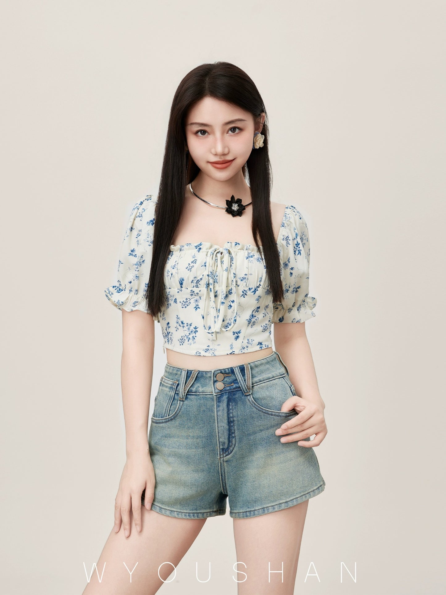 063 Wang Youshan Light Color Denim Shorts Women's Loose Summer High Waist Hot Pants New 2024 Thin A-Line Pants