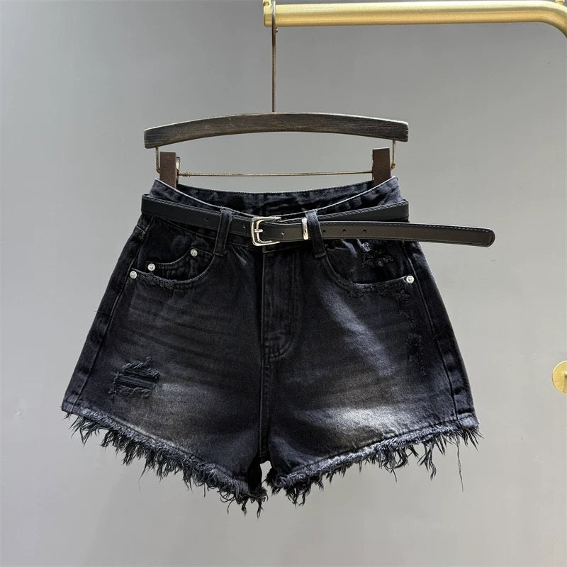 Retro dark blue ripped raw edge denim shorts for women 2025 summer high waist hot girl slim all-match wide leg hot pants