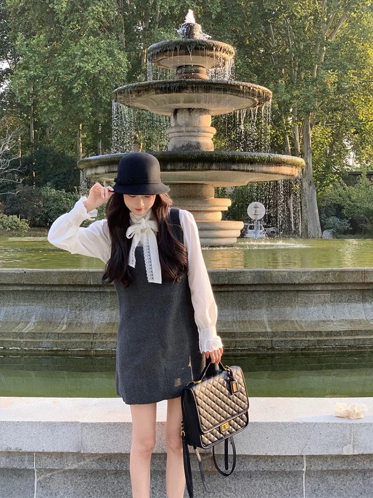 Age-reducing, beautiful and stylish suit, early autumn, new style, French bow, niche shirt, vest, dress, two-piece set